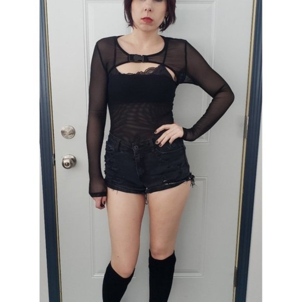 Black Bodysuit with Sheer‎ Sleeves and Buckle Detail